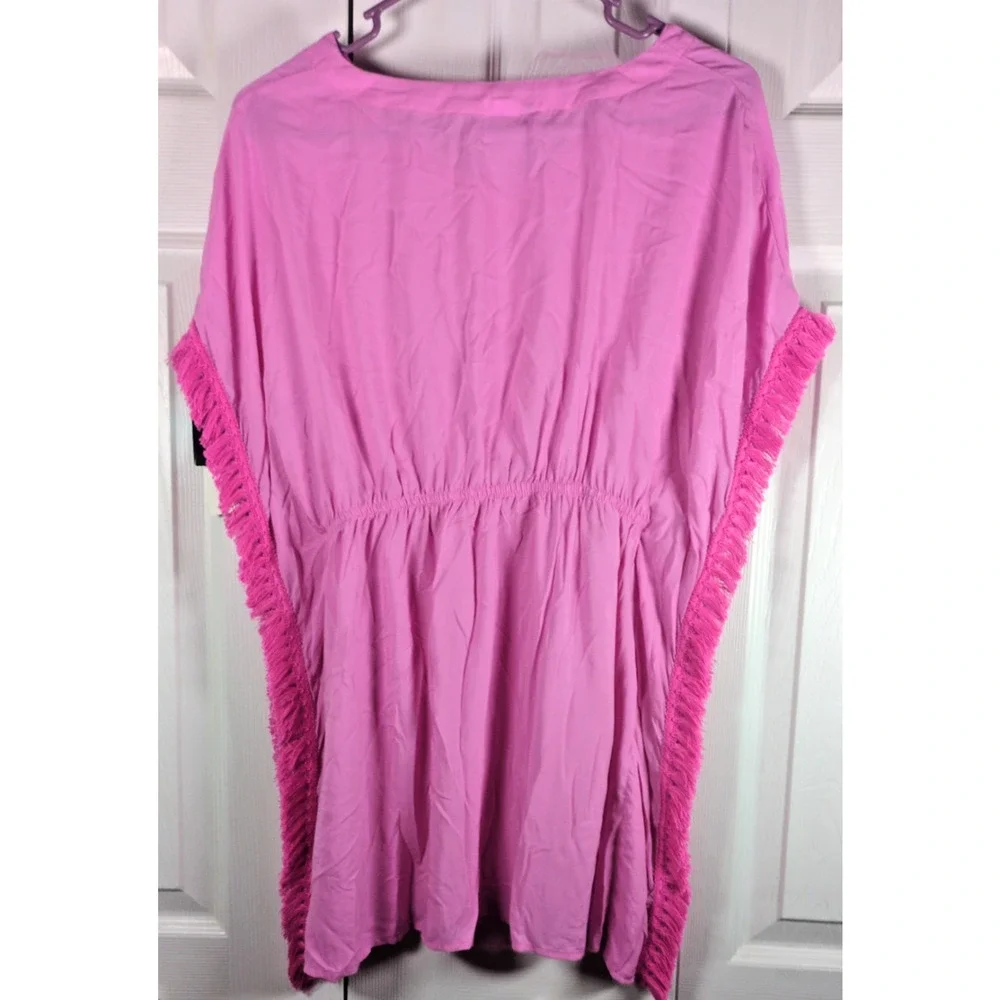 Breaking Waves Girls 14 Pink Kimono Kaftan Swim Beach Cover Up Fringe Rayon NWT